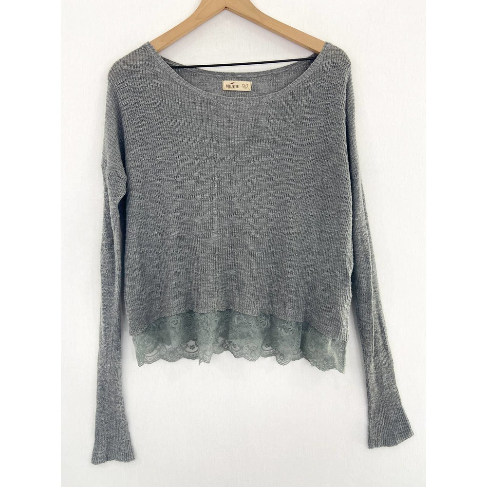 Hollister Gray Knit Long Sleeve Top with Lace Edge size XS/S Y2K